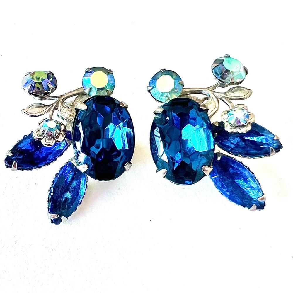 Vintage Rhinestone Earrings Ear Clip Designer Signed Royal Blue Aurora Borealis